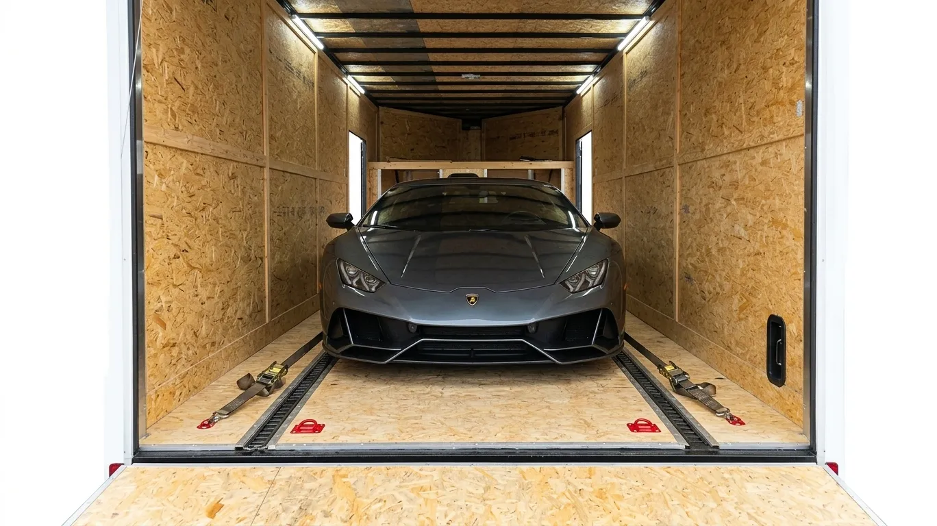 Vehicle secured inside an enclosed trailer